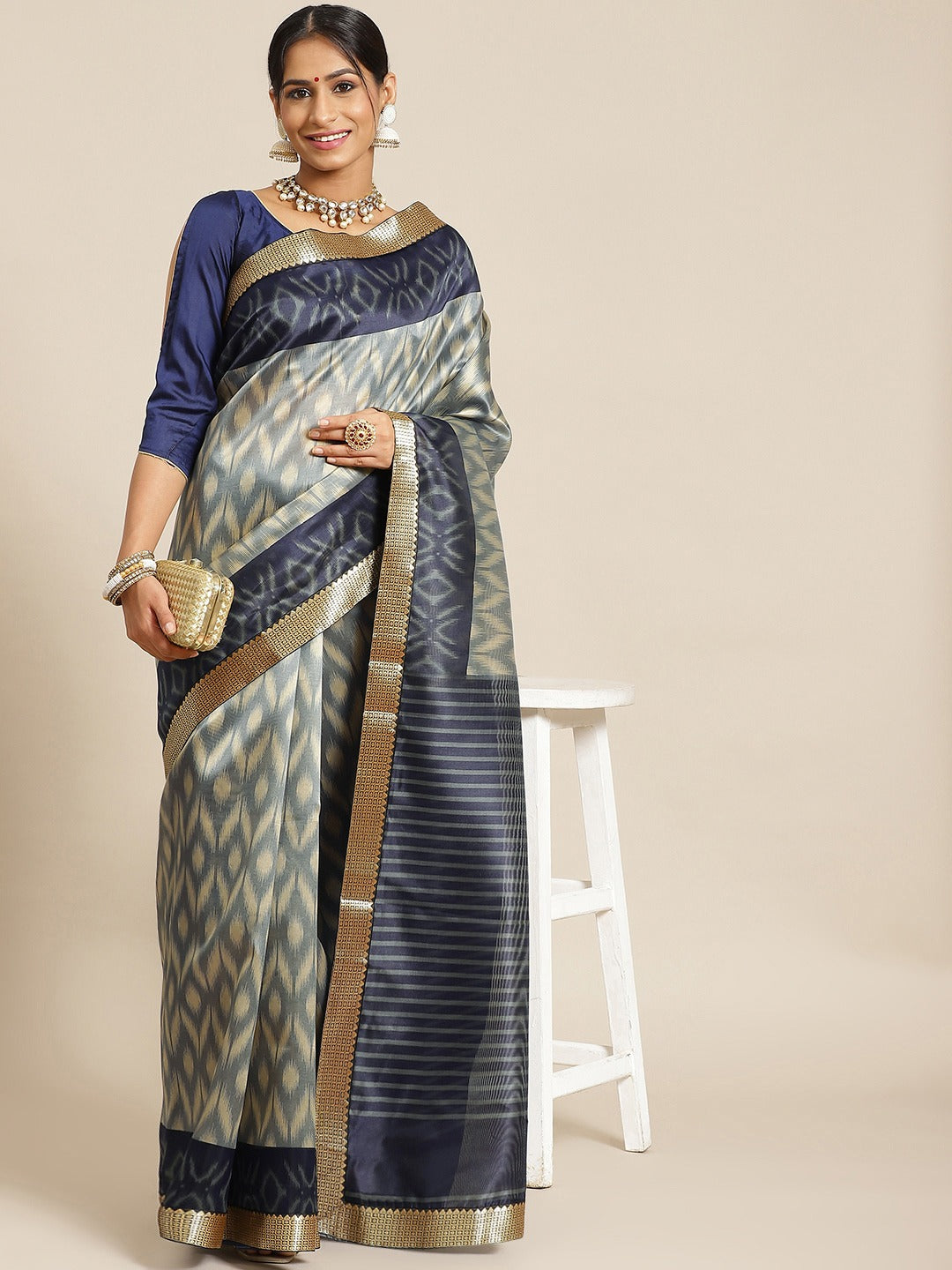 Blue Ikat Inspired Printed Bhagalpuri Silk Saree & Oxidsed Zari Border