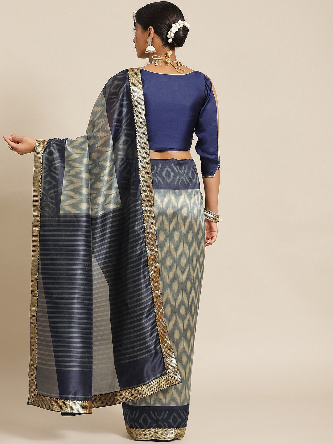Blue Ikat Inspired Printed Bhagalpuri Silk Saree & Oxidsed Zari Border