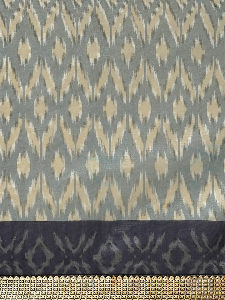 Blue Ikat Inspired Printed Bhagalpuri Silk Saree & Oxidsed Zari Border
