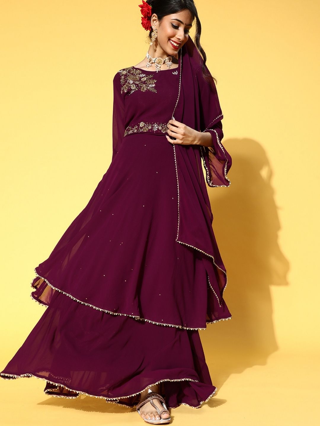 Embellished Flared Asymmetrical Flared Kurta with Skirt & Dupatta