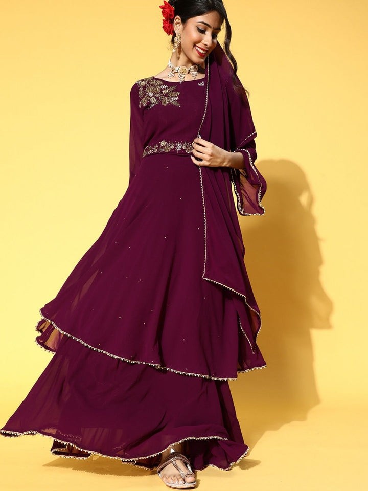 Embellished Flared Asymmetrical Flared Kurta with Skirt & Dupatta