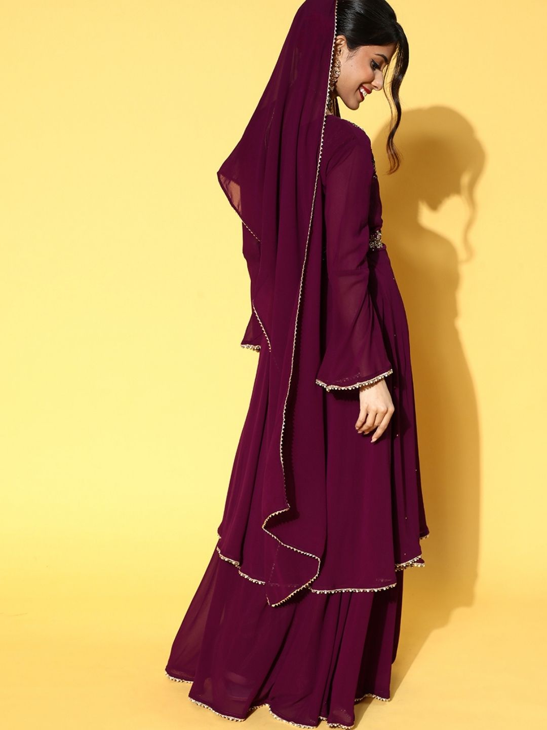 Embellished Flared Asymmetrical Flared Kurta with Skirt & Dupatta