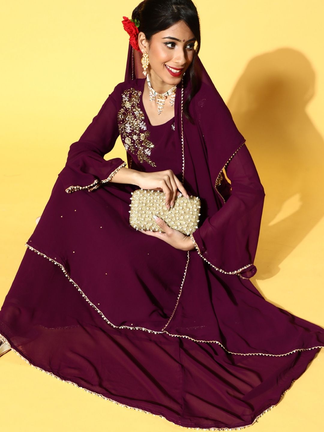 Embellished Flared Asymmetrical Flared Kurta with Skirt & Dupatta