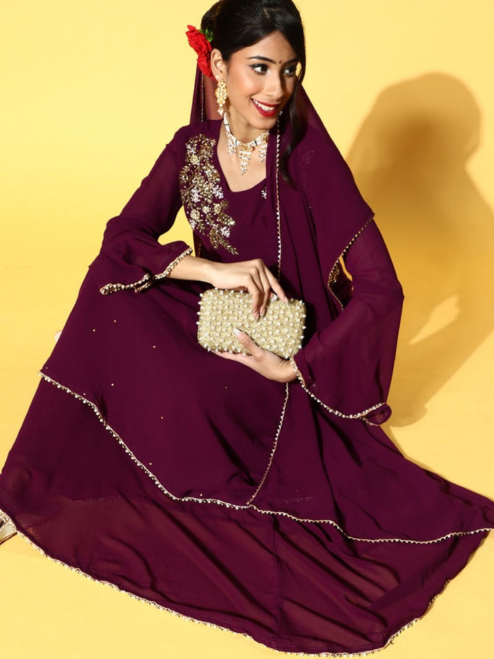 Embellished Flared Asymmetrical Flared Kurta with Skirt & Dupatta