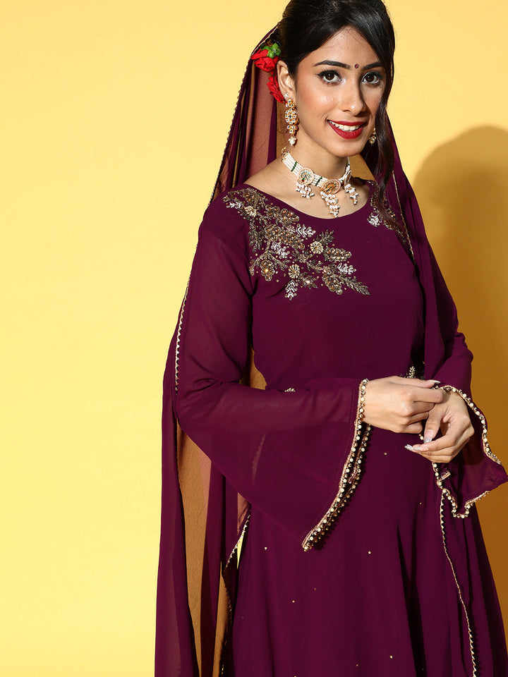 Embellished Flared Asymmetrical Flared Kurta with Skirt & Dupatta