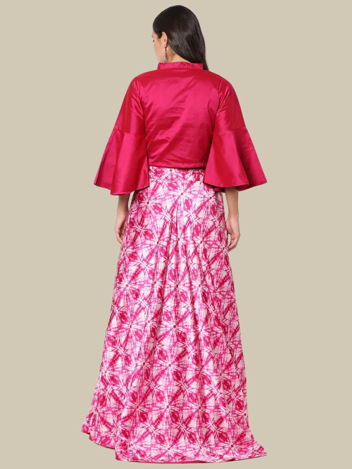 Abstract Digital Print Skirt with Contemporary Bell Sleeved Crop top