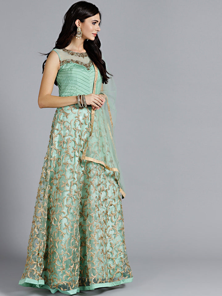 Zircon Embellished Gown with Zari Floral Motifs