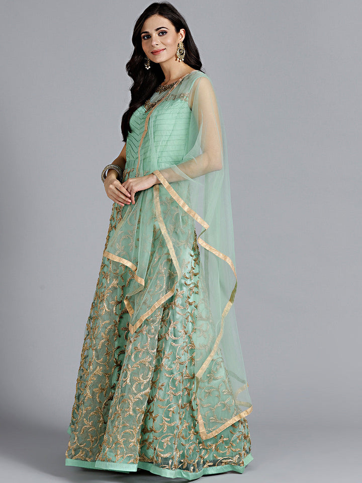 Zircon Embellished Gown with Zari Floral Motifs