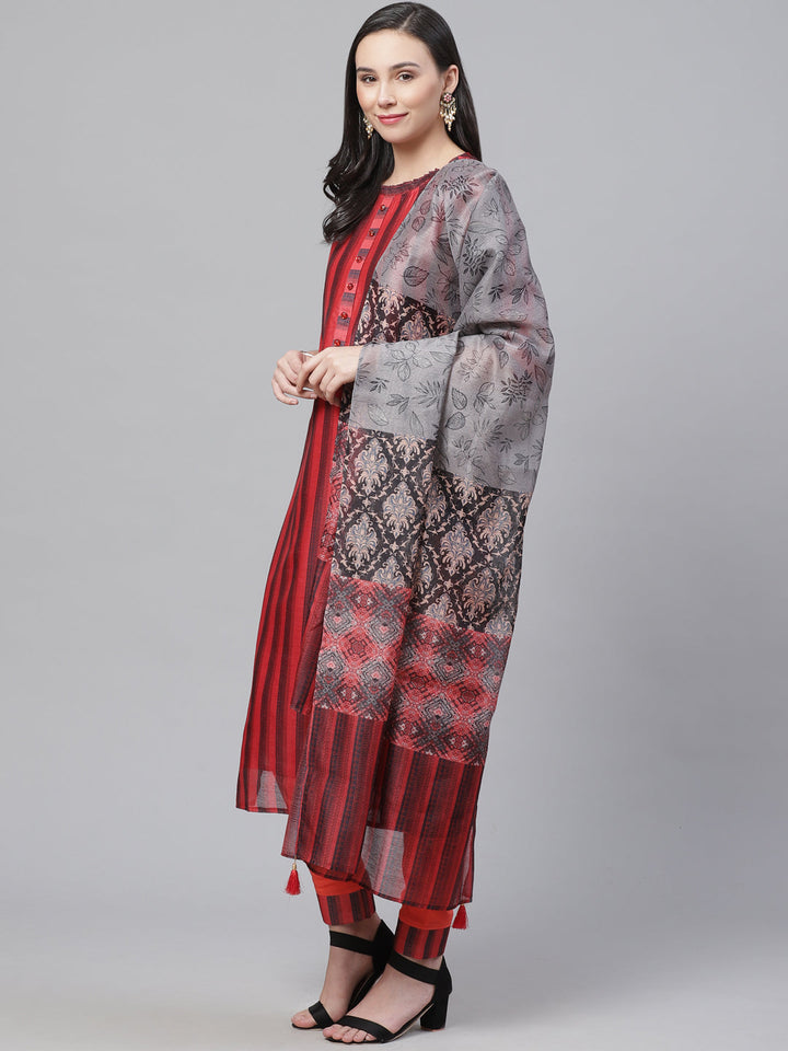 Chanderi Silk Stitched Suit with Digital Handloom & Indie Print with Maheshwari Dupatta