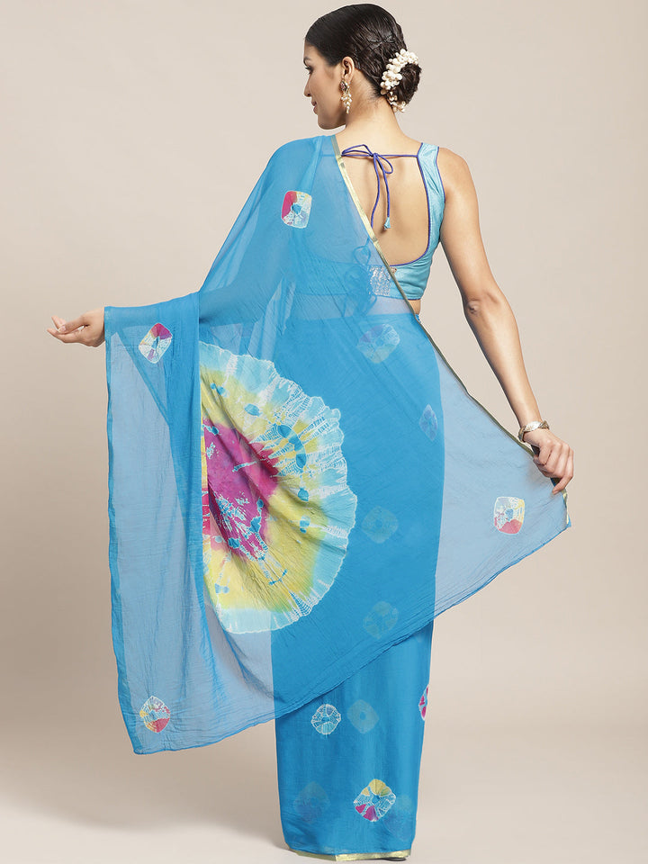 Chiffon Bandhani Saree with Gharhcola pattern and Zari Gold Border