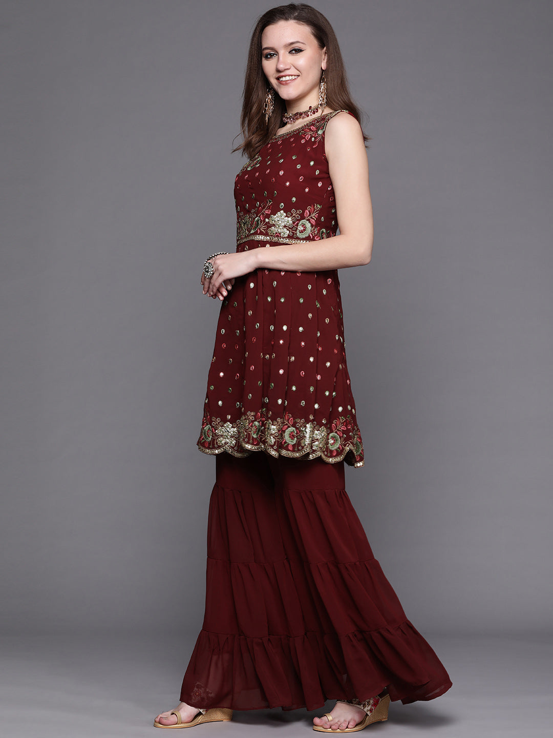 Georgette Embroidered Peplum Kurta Sharara Dupatta Set