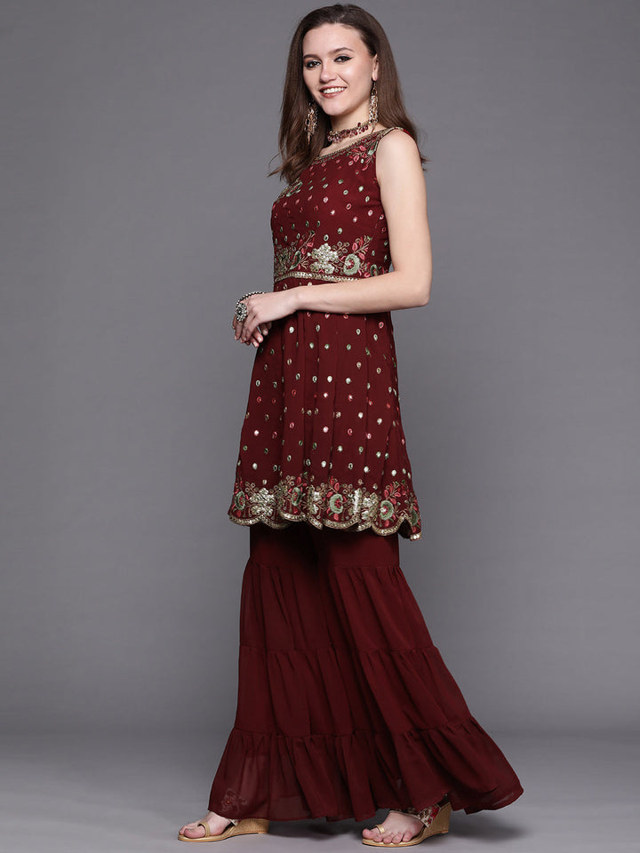 Georgette Embroidered Peplum Kurta Sharara Dupatta Set