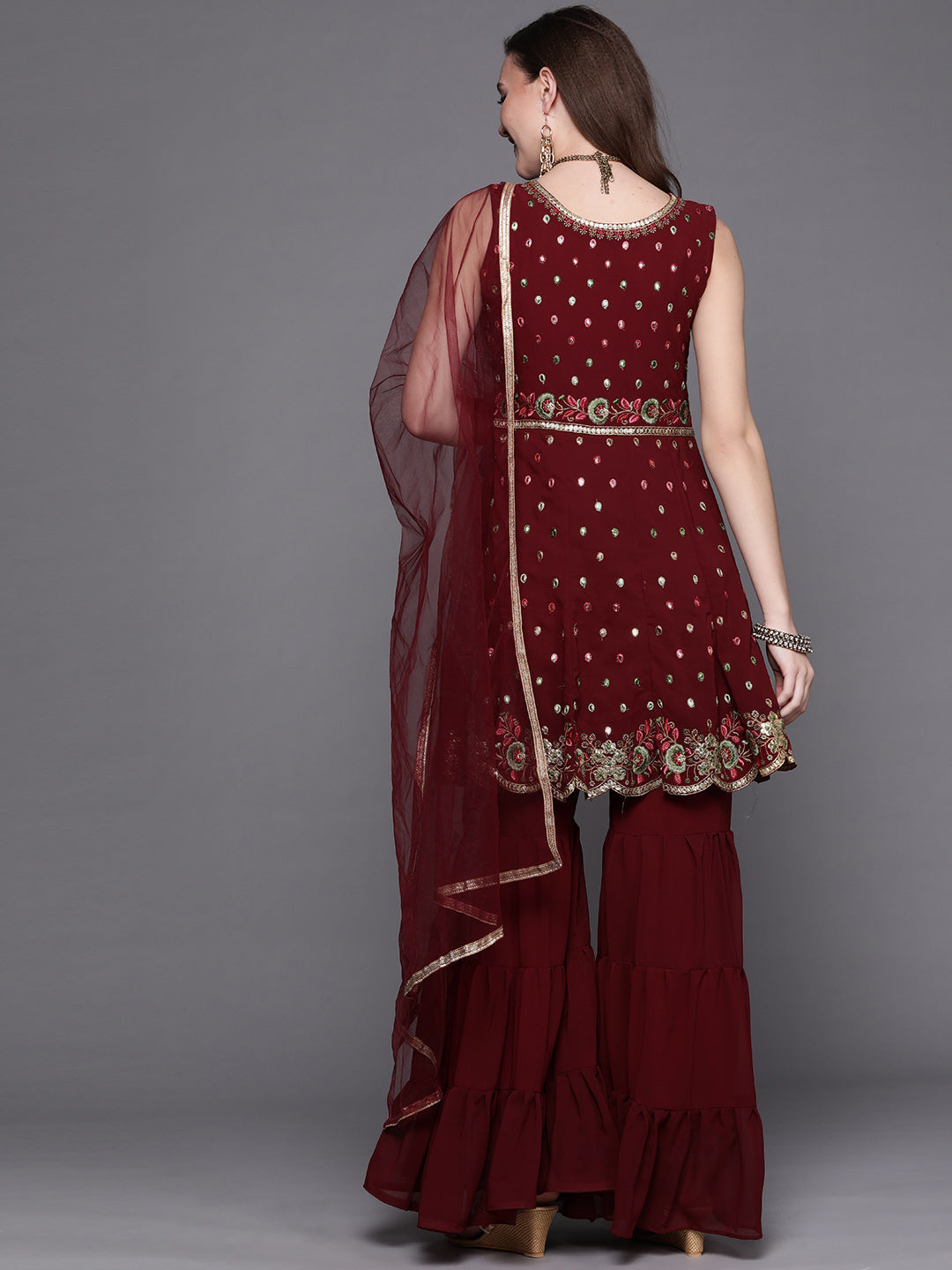 Georgette Embroidered Peplum Kurta Sharara Dupatta Set