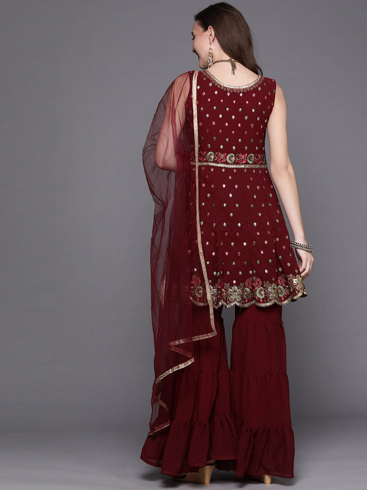 Georgette Embroidered Peplum Kurta Sharara Dupatta Set
