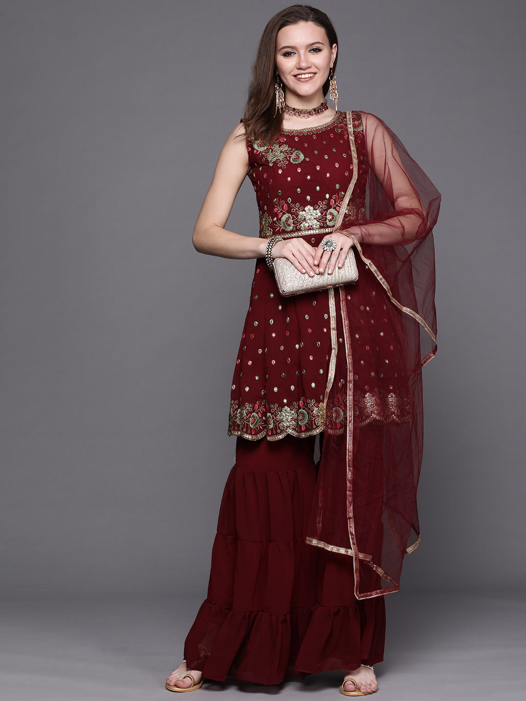 Georgette Embroidered Peplum Kurta Sharara Dupatta Set