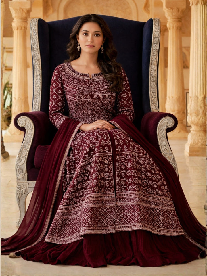 Resham Embroidered Kalidar Indo-Western Kurta Set with Accordian Pleat Skirt & Dupatta