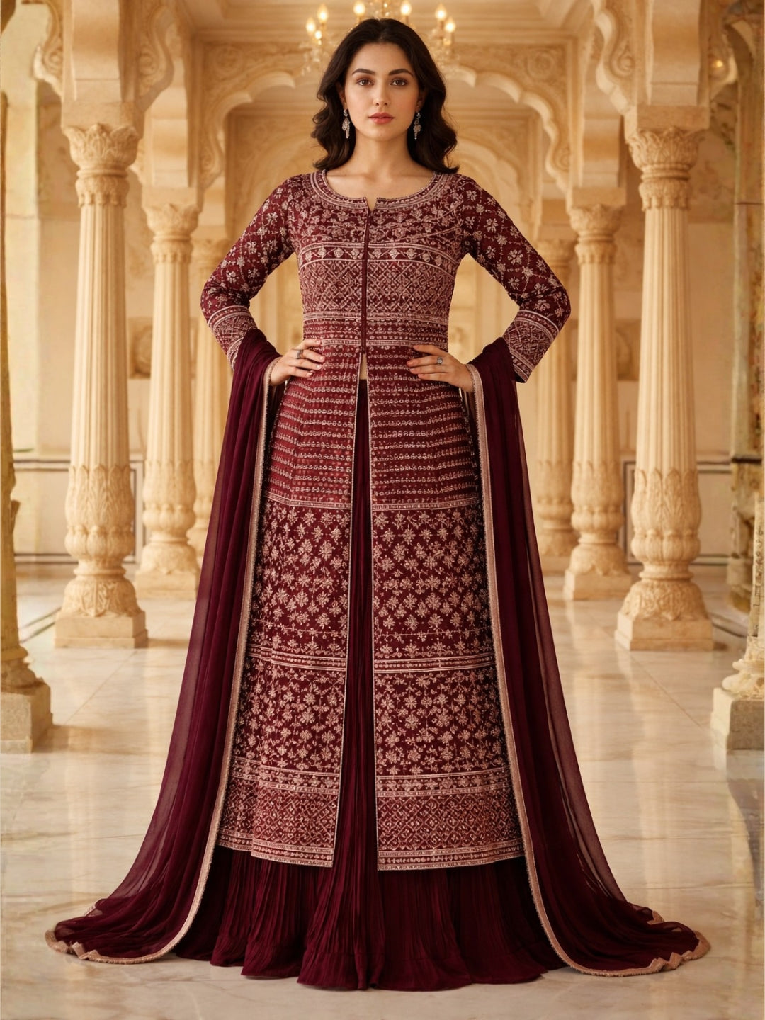 Resham Embroidered Kalidar Indo-Western Kurta Set with Accordian Pleat Skirt & Dupatta