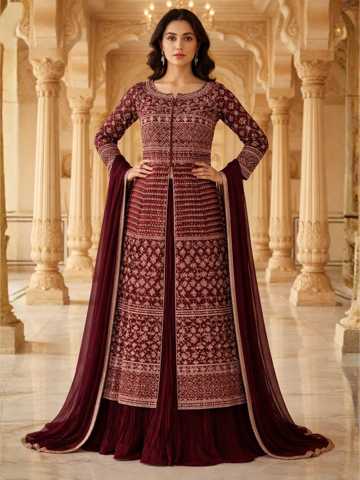 Resham Embroidered Kalidar Indo-Western Kurta Set with Accordian Pleat Skirt & Dupatta