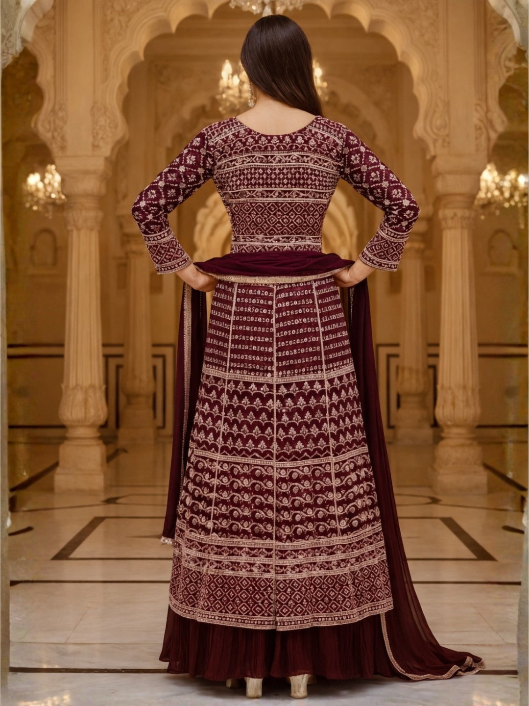 Resham Embroidered Kalidar Indo-Western Kurta Set with Accordian Pleat Skirt & Dupatta