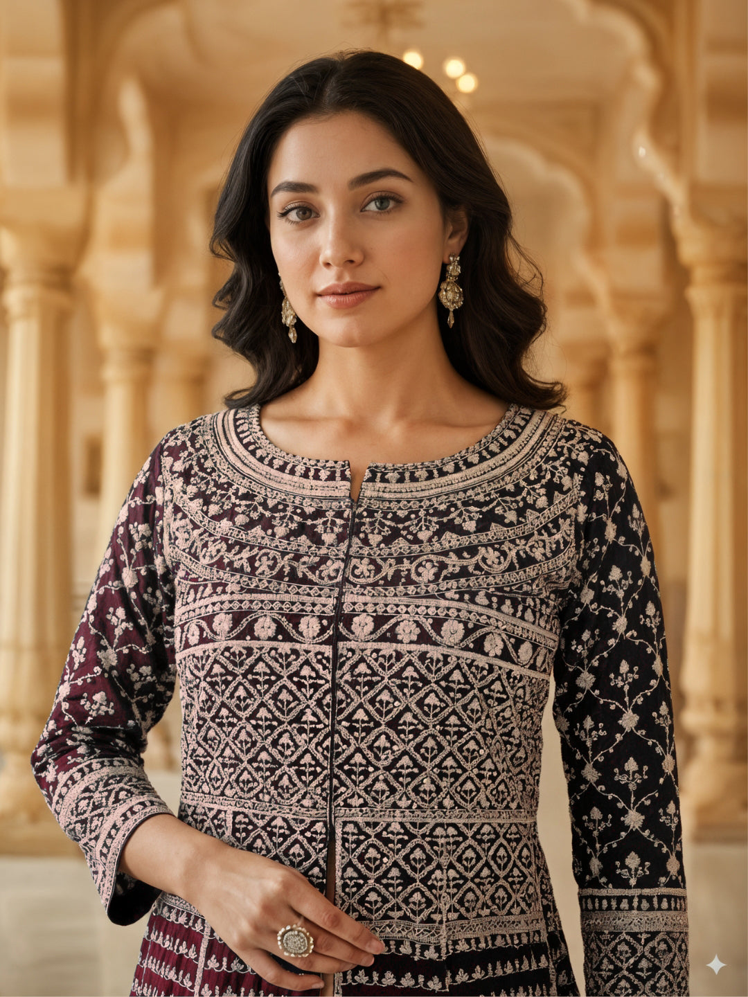 Resham Embroidered Kalidar Indo-Western Kurta Set with Accordian Pleat Skirt & Dupatta