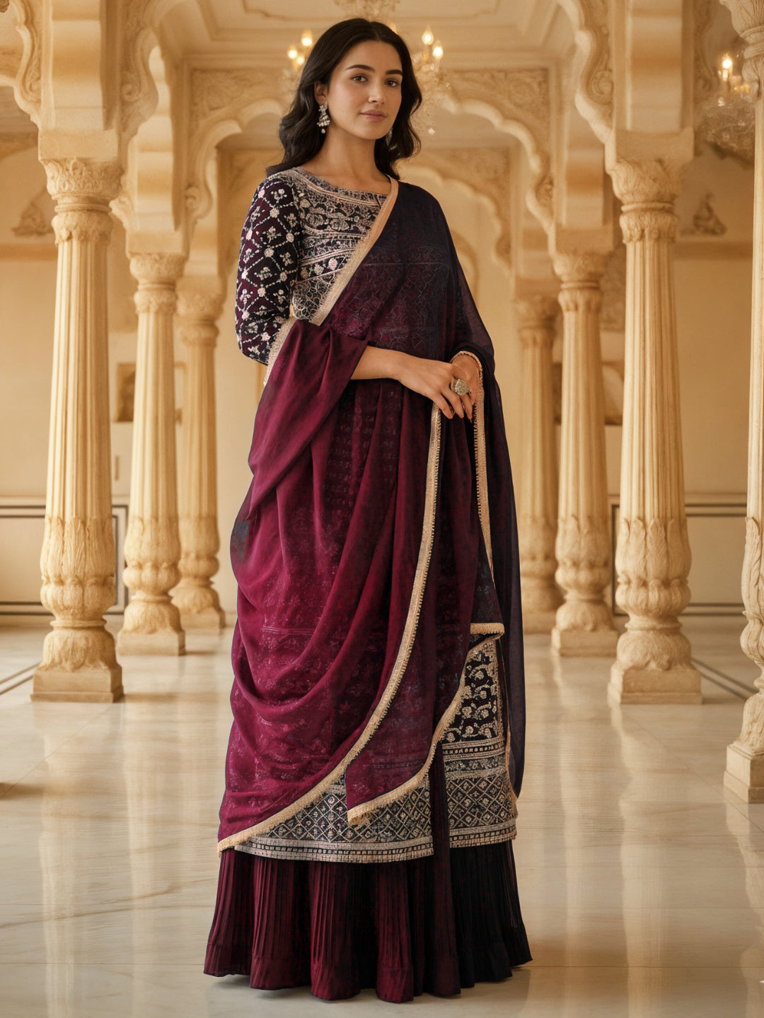 Resham Embroidered Kalidar Indo-Western Kurta Set with Accordian Pleat Skirt & Dupatta