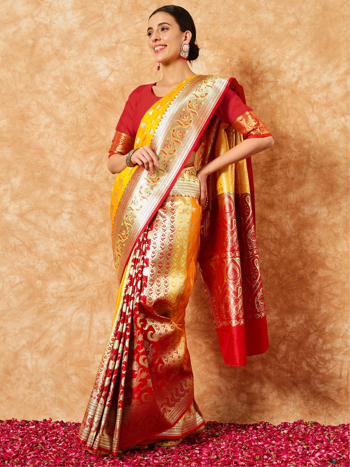 Chhabra 555 Mustard Banarasi Pure Silk Traditional Bridal Saree & Contrast Red Patli Ethnic Border