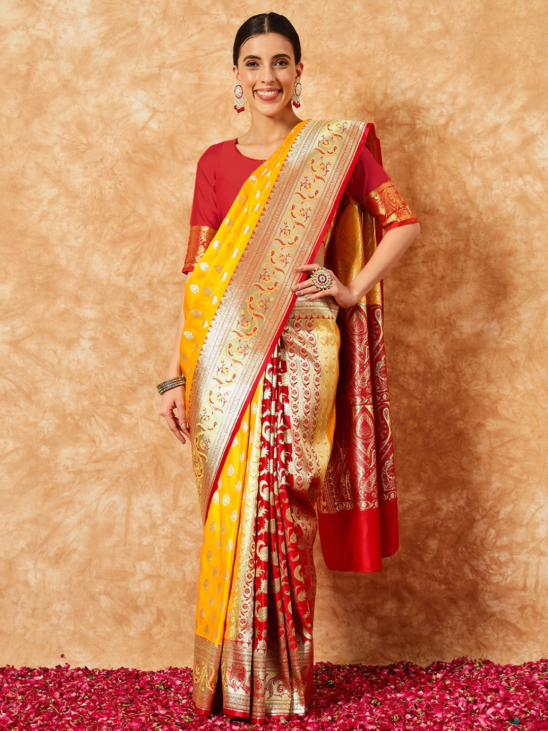 Mustard Banarasi Pure Silk Traditional Saree & Contrast Red Border