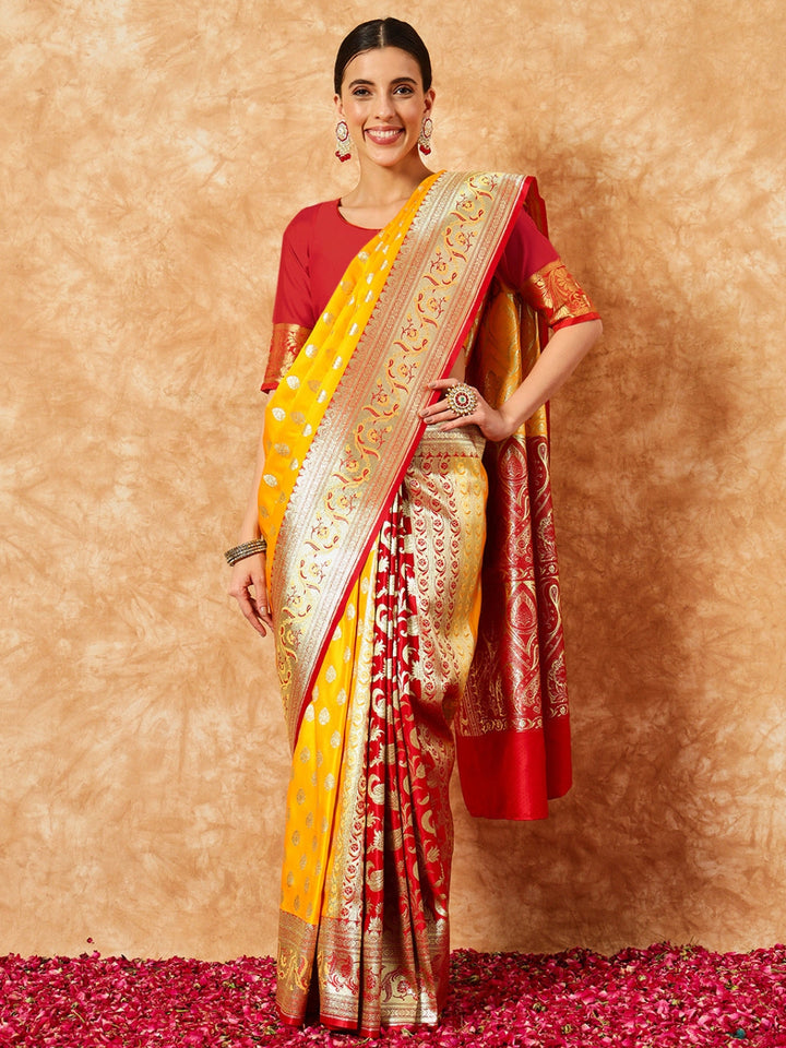 Mustard Banarasi Pure Silk Traditional Saree & Contrast Red Border