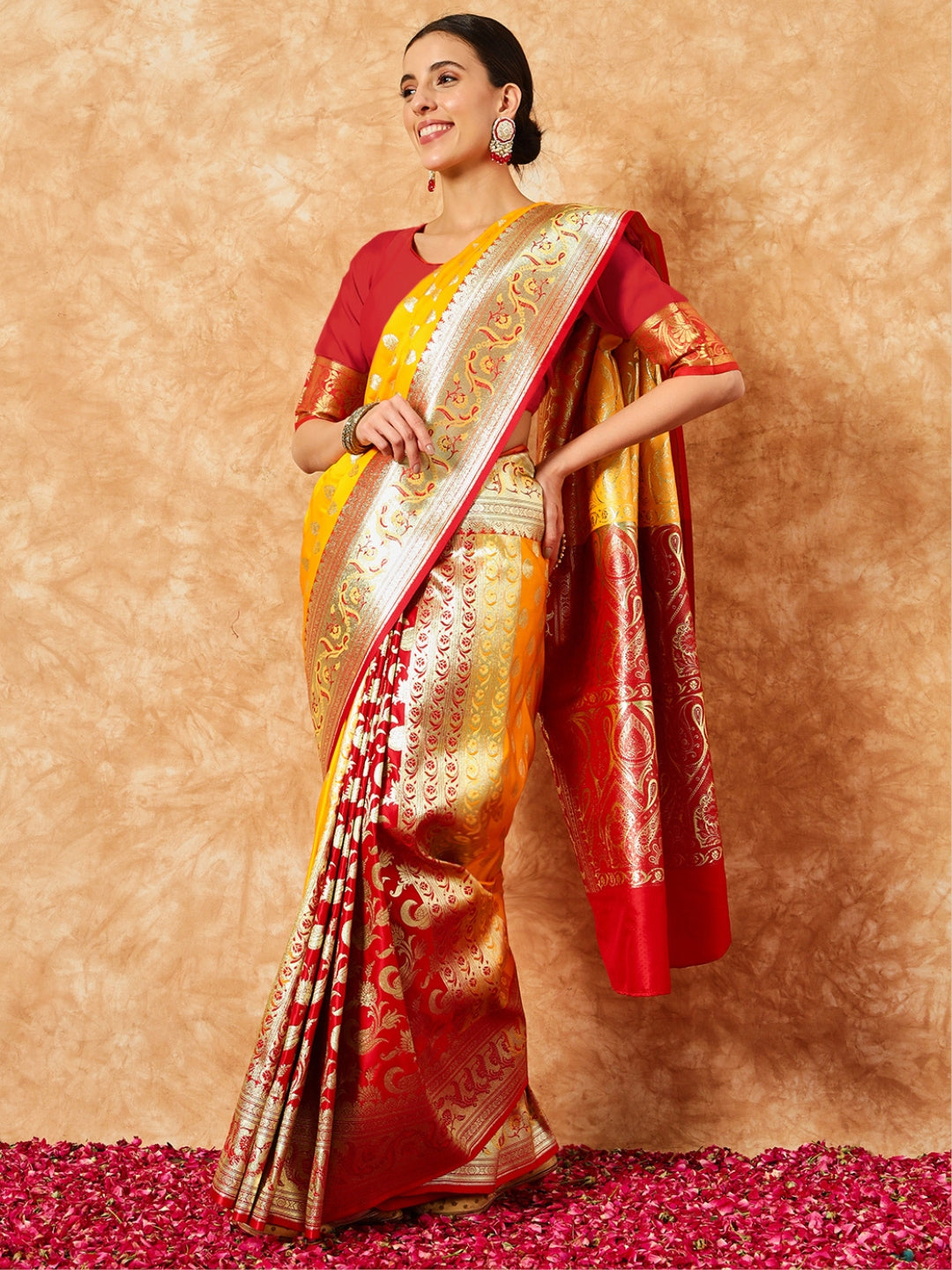 Mustard Banarasi Pure Silk Traditional Saree & Contrast Red Border