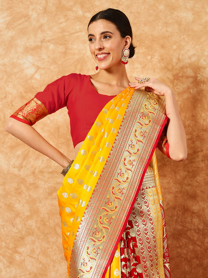Mustard Banarasi Pure Silk Traditional Saree & Contrast Red Border