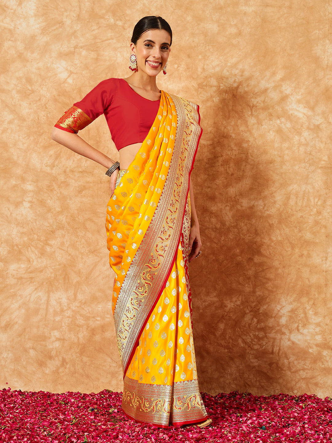 Mustard Banarasi Pure Silk Traditional Saree & Contrast Red Border