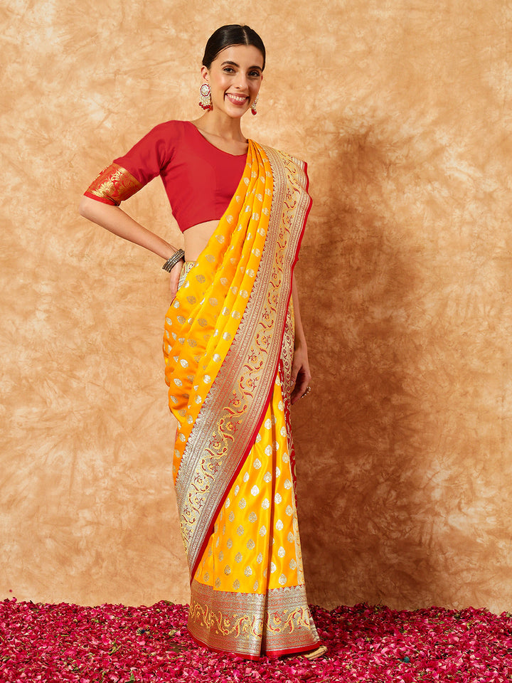 Mustard Banarasi Pure Silk Traditional Saree & Contrast Red Border