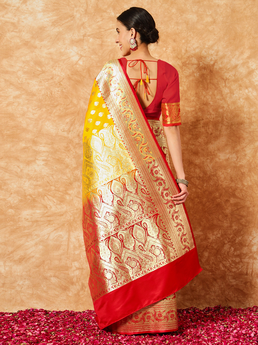 Mustard Banarasi Pure Silk Traditional Saree & Contrast Red Border