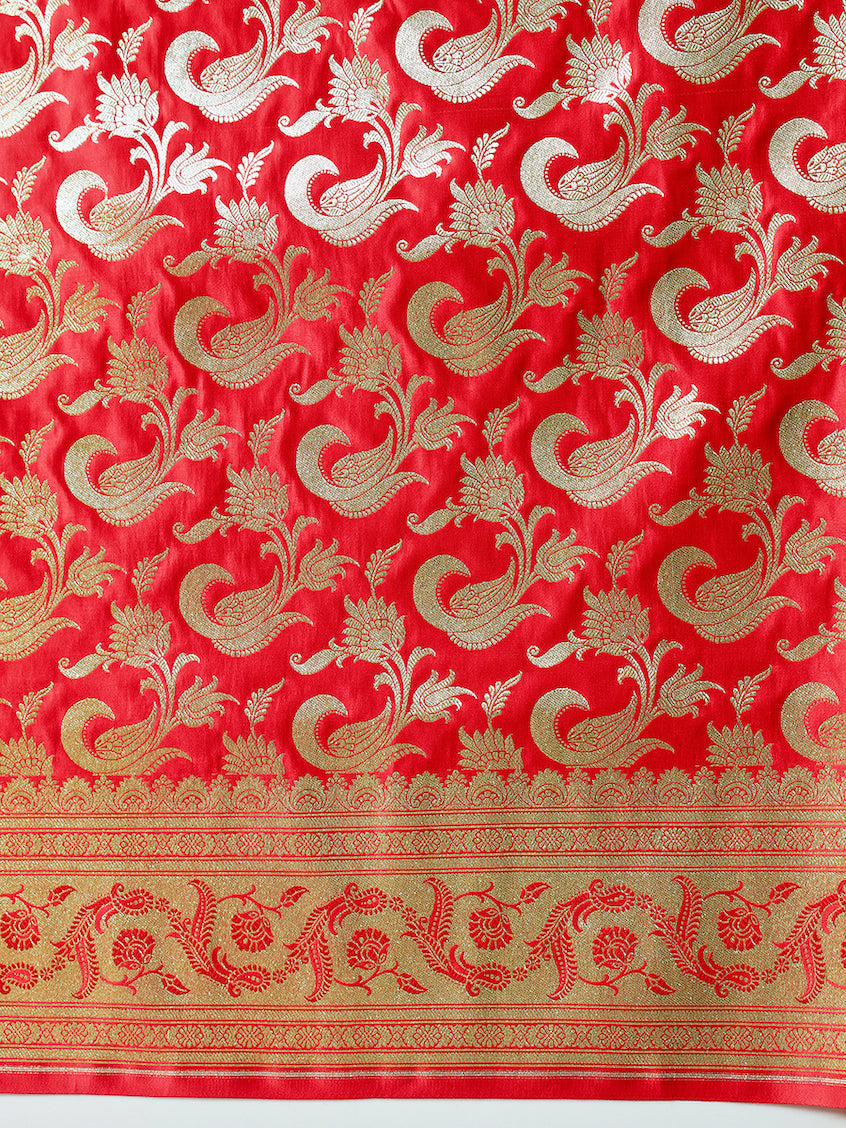 Mustard Banarasi Pure Silk Traditional Saree & Contrast Red Border