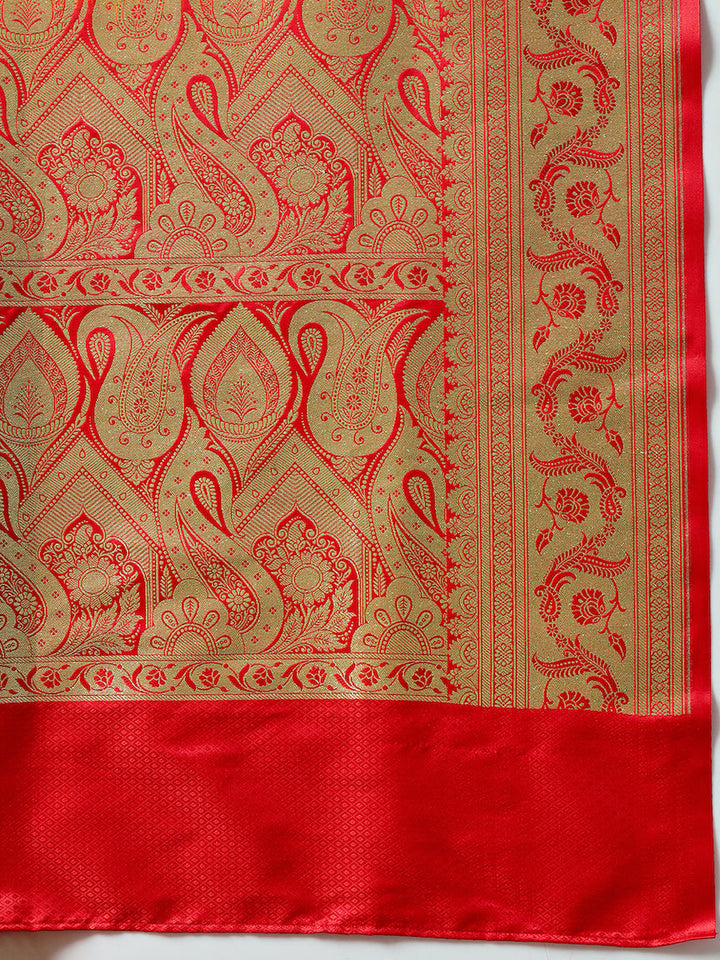 Mustard Banarasi Pure Silk Traditional Saree & Contrast Red Border