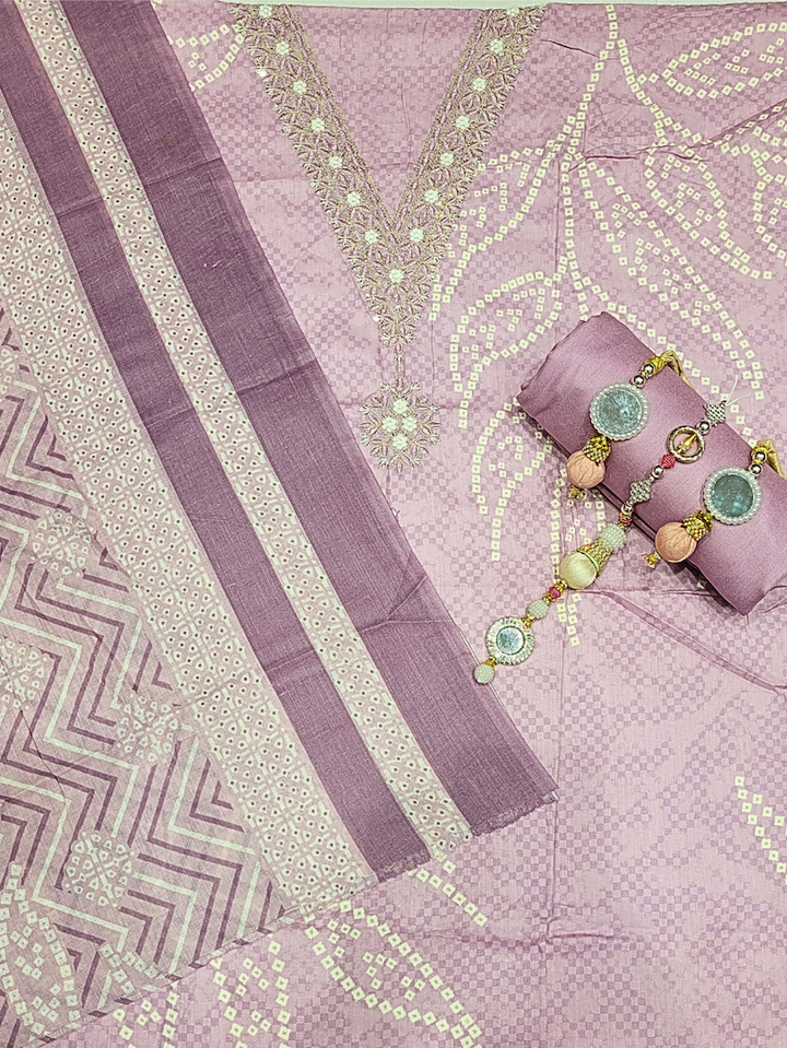 Chhabra 555 Bandhani Checkered Print Cotton Suit Dupatta with Zari Resham Embroidered Neckline