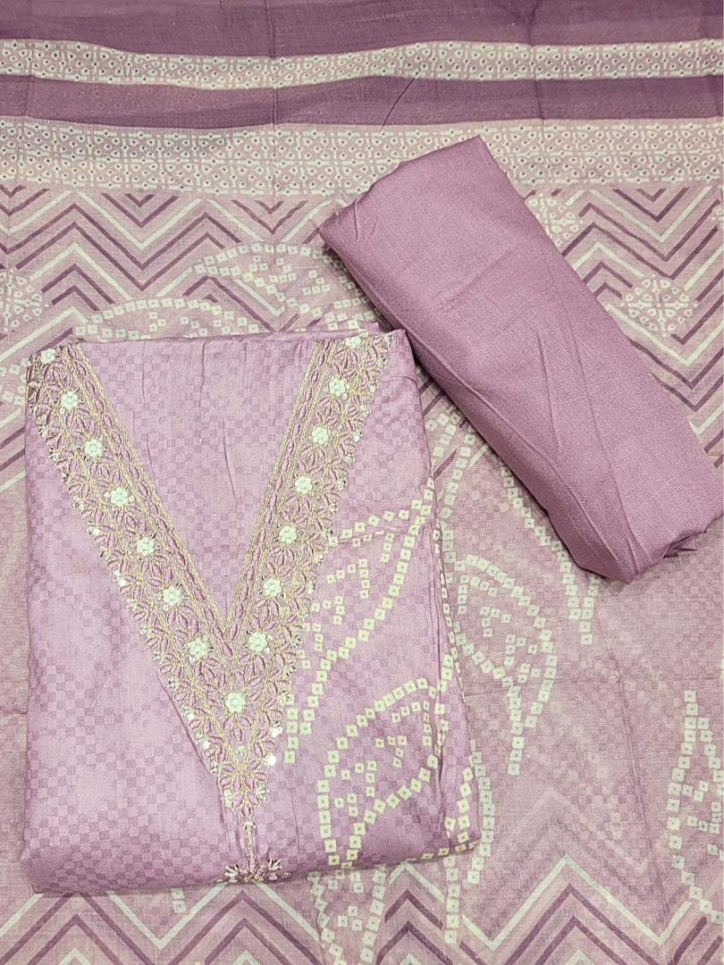 Bandhani Checkered Print Cotton Suit Dupatta with Zari Resham Embroidered Neckline