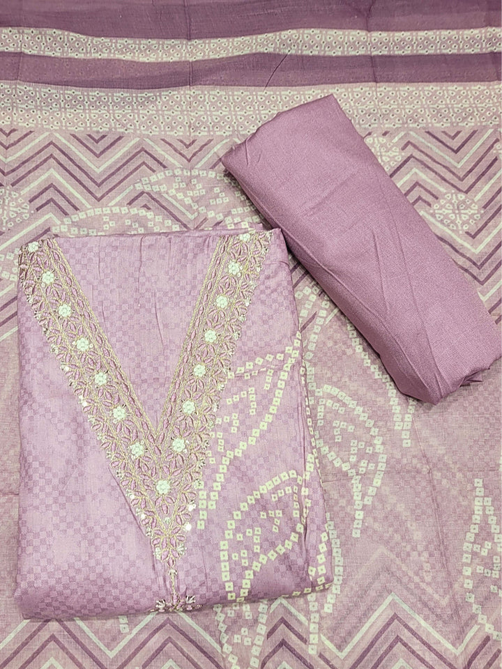 Bandhani Checkered Print Cotton Suit Dupatta with Zari Resham Embroidered Neckline