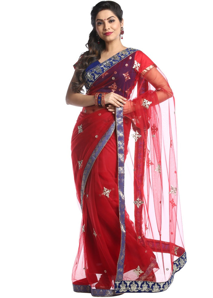 Red Colored Net Embroidered Saree