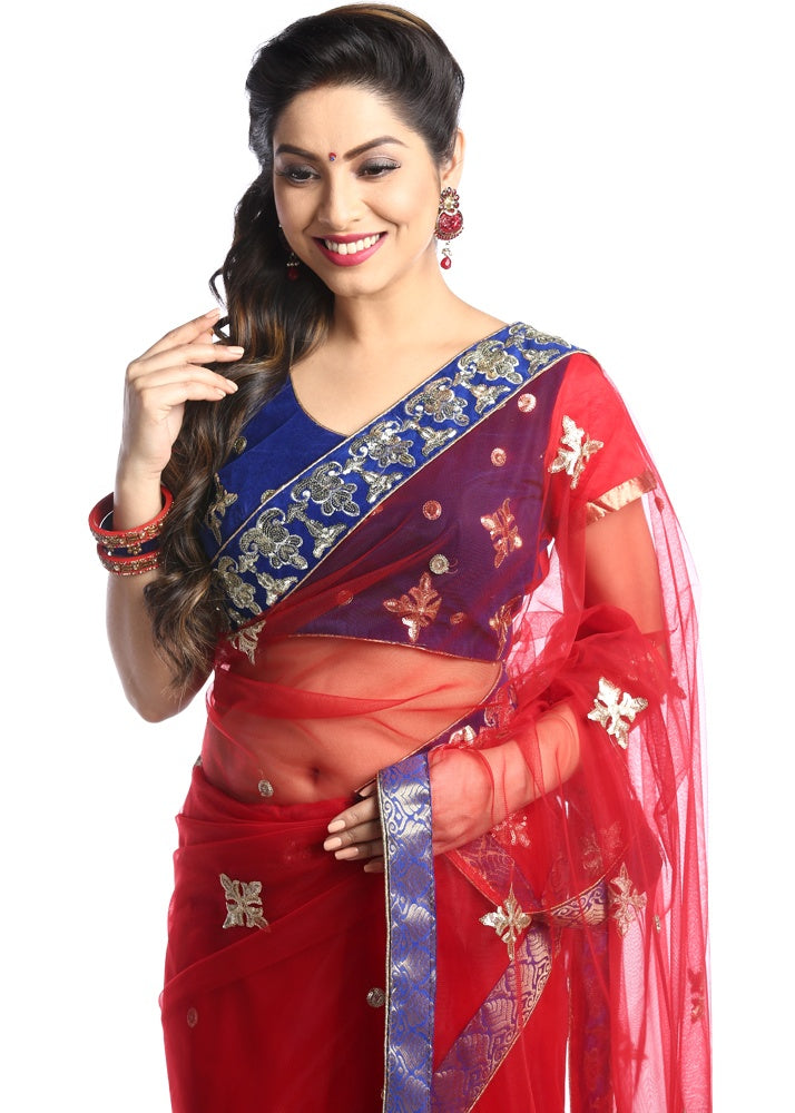Red Colored Net Embroidered Saree