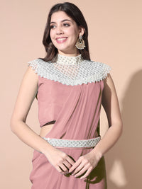 Chhabra 555 Pre-stitched Monotone Draped Saree with Pearl & Crystal Embroidered Necklace & Belt