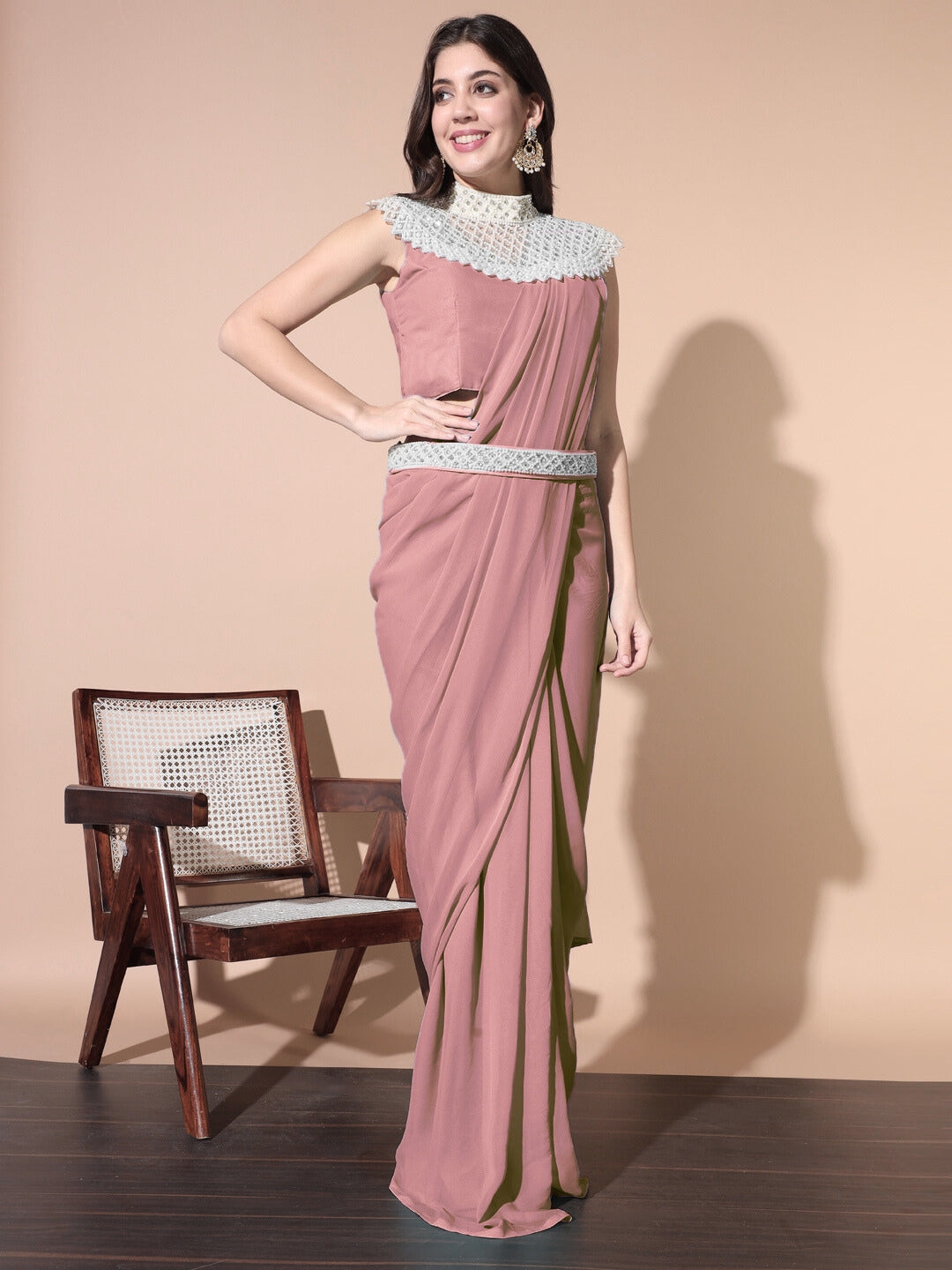 Pre-stitched Monotone Draped Saree with Pearl & Crystal Embroidered Necklace & Belt