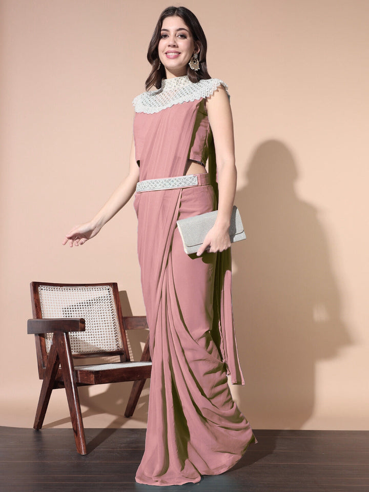 Pre-stitched Monotone Draped Saree with Pearl & Crystal Embroidered Necklace & Belt