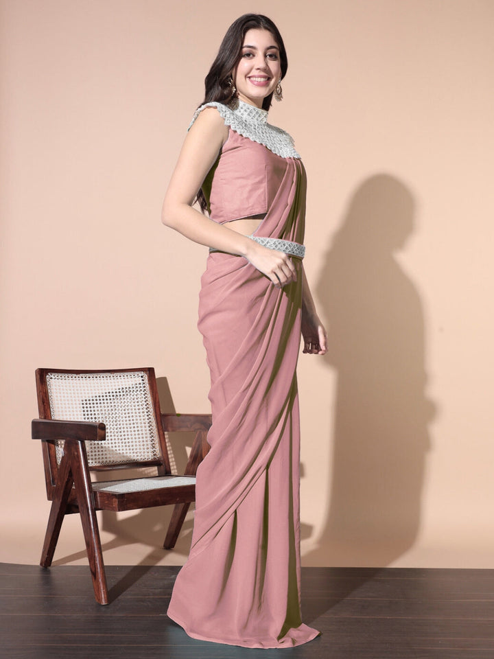 Pre-stitched Monotone Draped Saree with Pearl & Crystal Embroidered Necklace & Belt