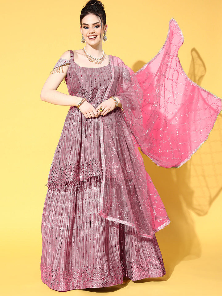 Pink Gold Foil Off Shoulder Peplum Style Lehanga Set with Net Dupatta