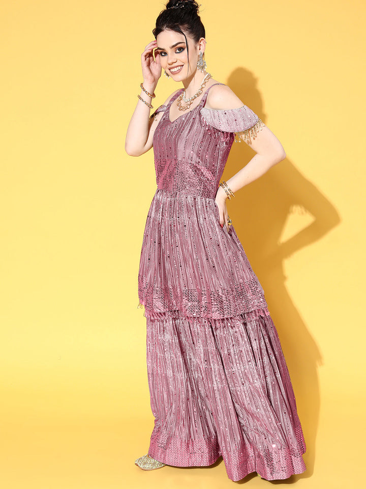 Pink Gold Foil Off Shoulder Peplum Style Lehanga Set with Net Dupatta