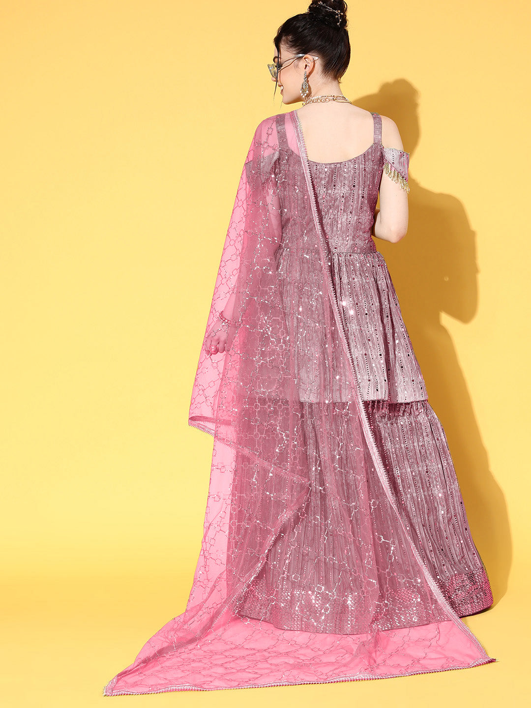 Pink Gold Foil Off Shoulder Peplum Style Lehanga Set with Net Dupatta
