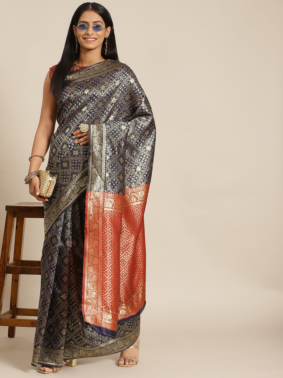 Blue Silk Blend Geometrical Ikat Banarasi Saree With Contrast Pallu