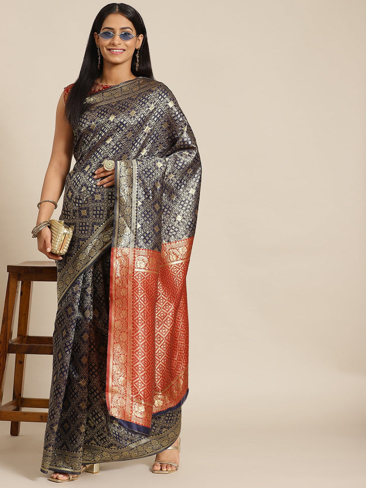 Blue Silk Blend Geometrical Ikat Banarasi Saree With Contrast Pallu