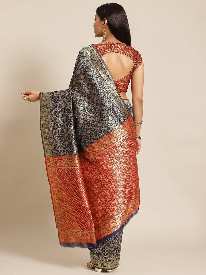 Blue Silk Blend Geometrical Ikat Banarasi Saree With Contrast Pallu